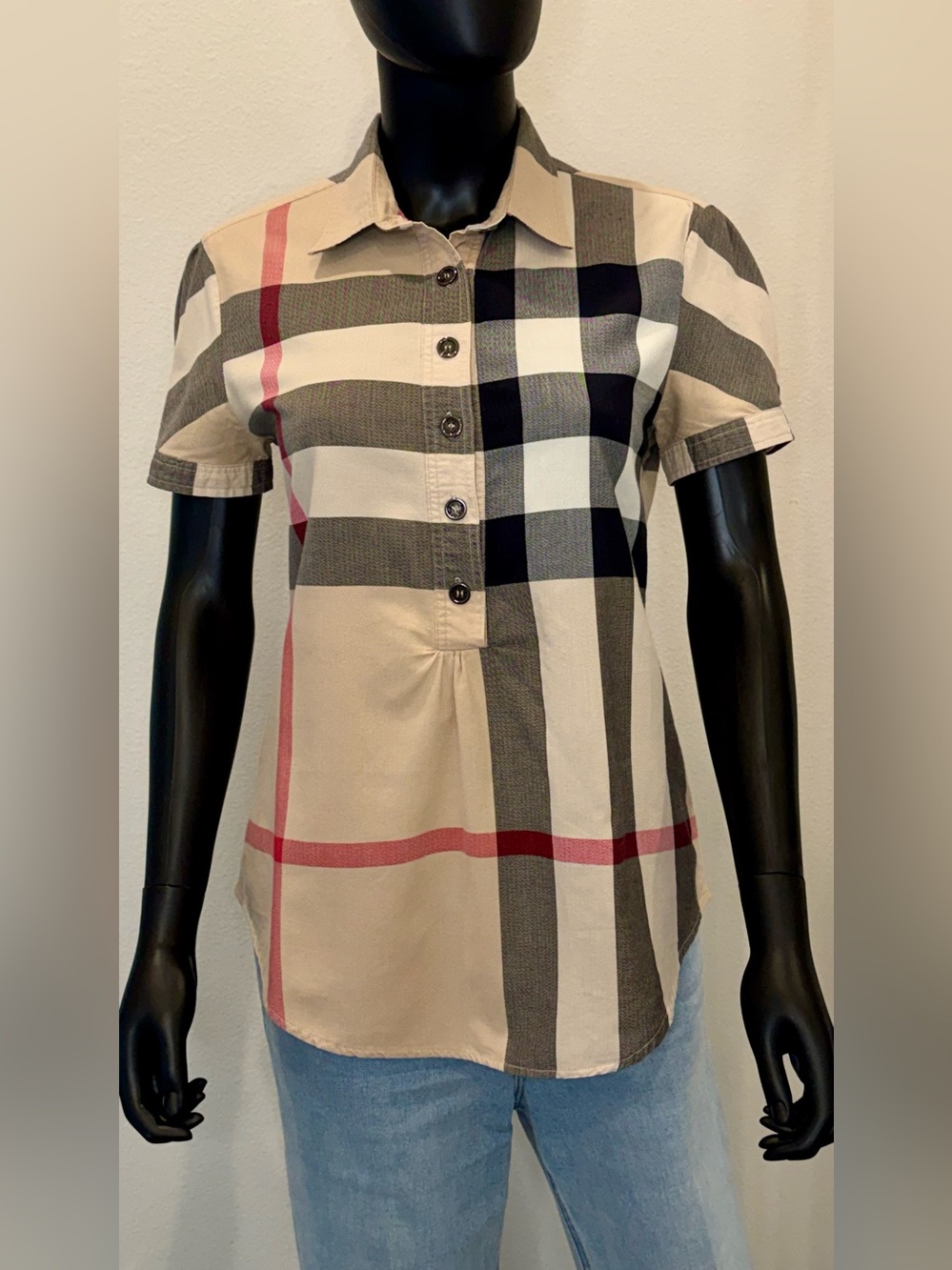 Burberry Beige Plaid Short-Sleeve Button-Front Shirt